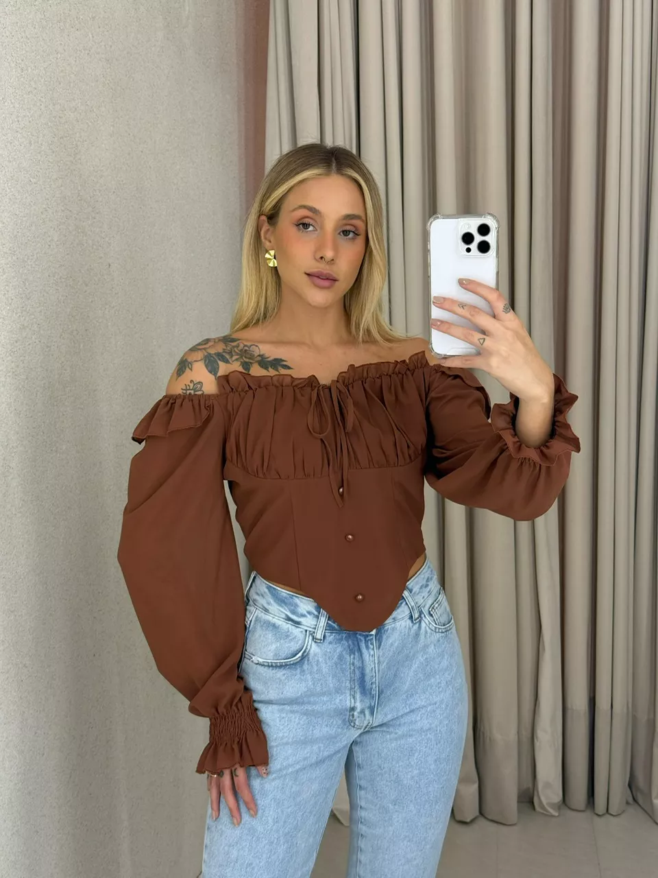 BLUSA ROMA BABADOS MARROM - 0061830054 - CAROLLA FERRARO