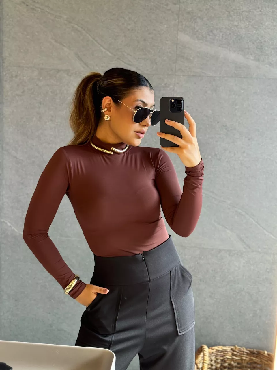 BODY LUDMILA CF MANGA MARROM - 0065500054 - CAROLLA FERRARO