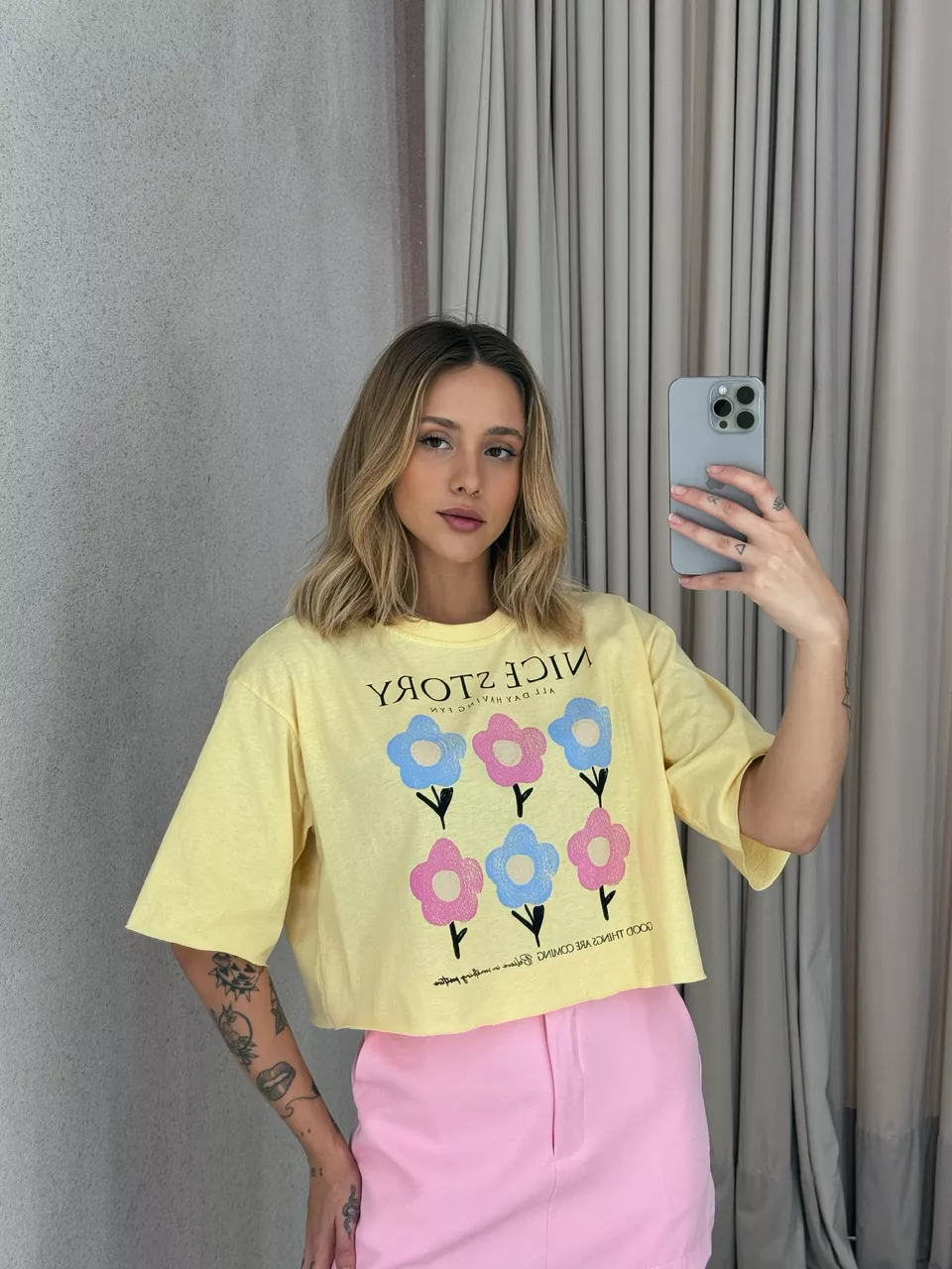 CROPPED MICAELA FLORES AMARELO - 0057060111 - CAROLLA FERRARO