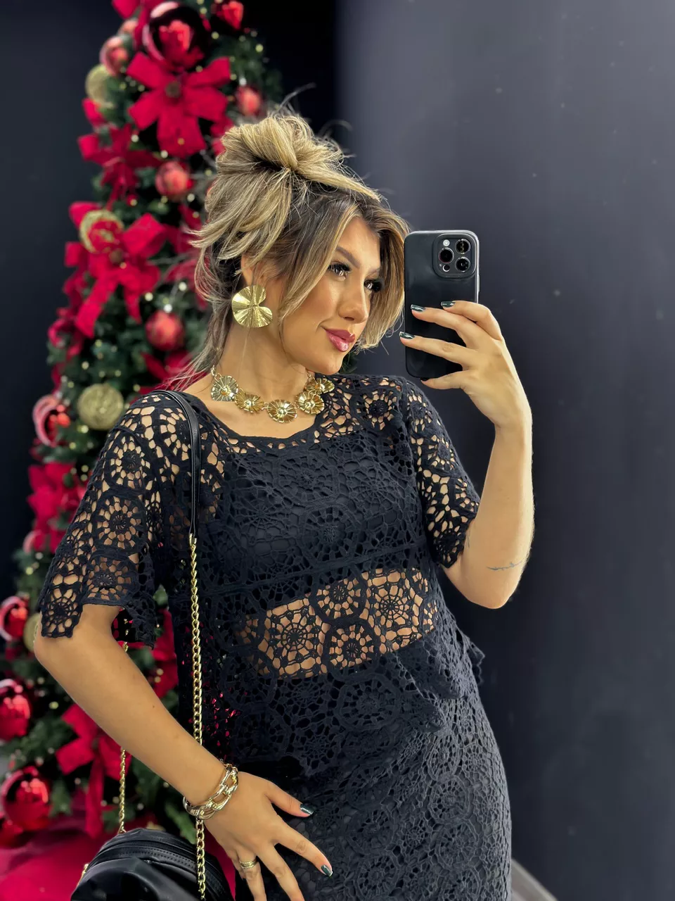 BLUSA CROCHÊ MANGA PRETO - 0046180032 - CAROLLA FERRARO