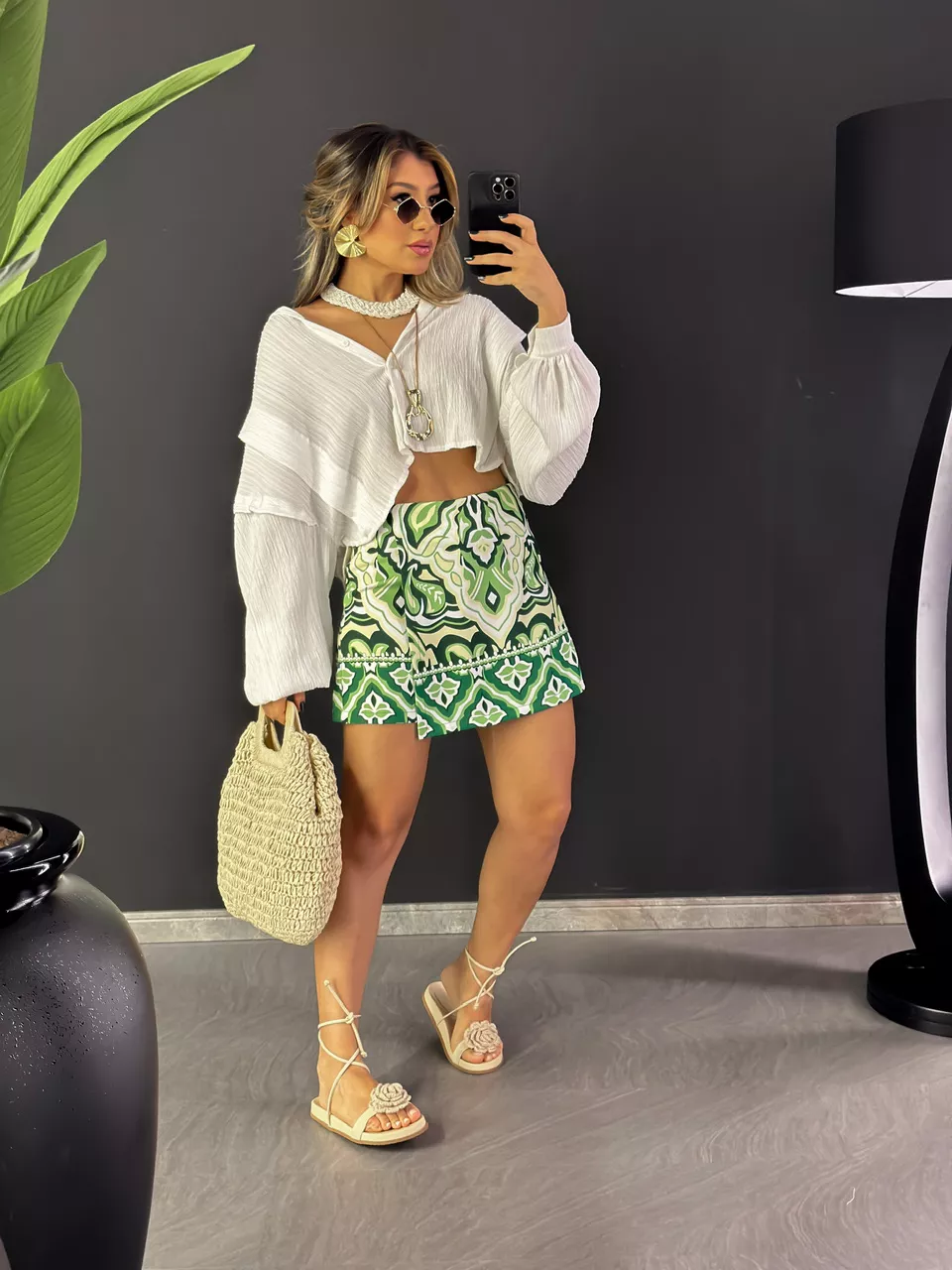 SHORT SAIA MÁRCIA ESTAMPADO VERDE - 0046160014 - CAROLLA FERRARO