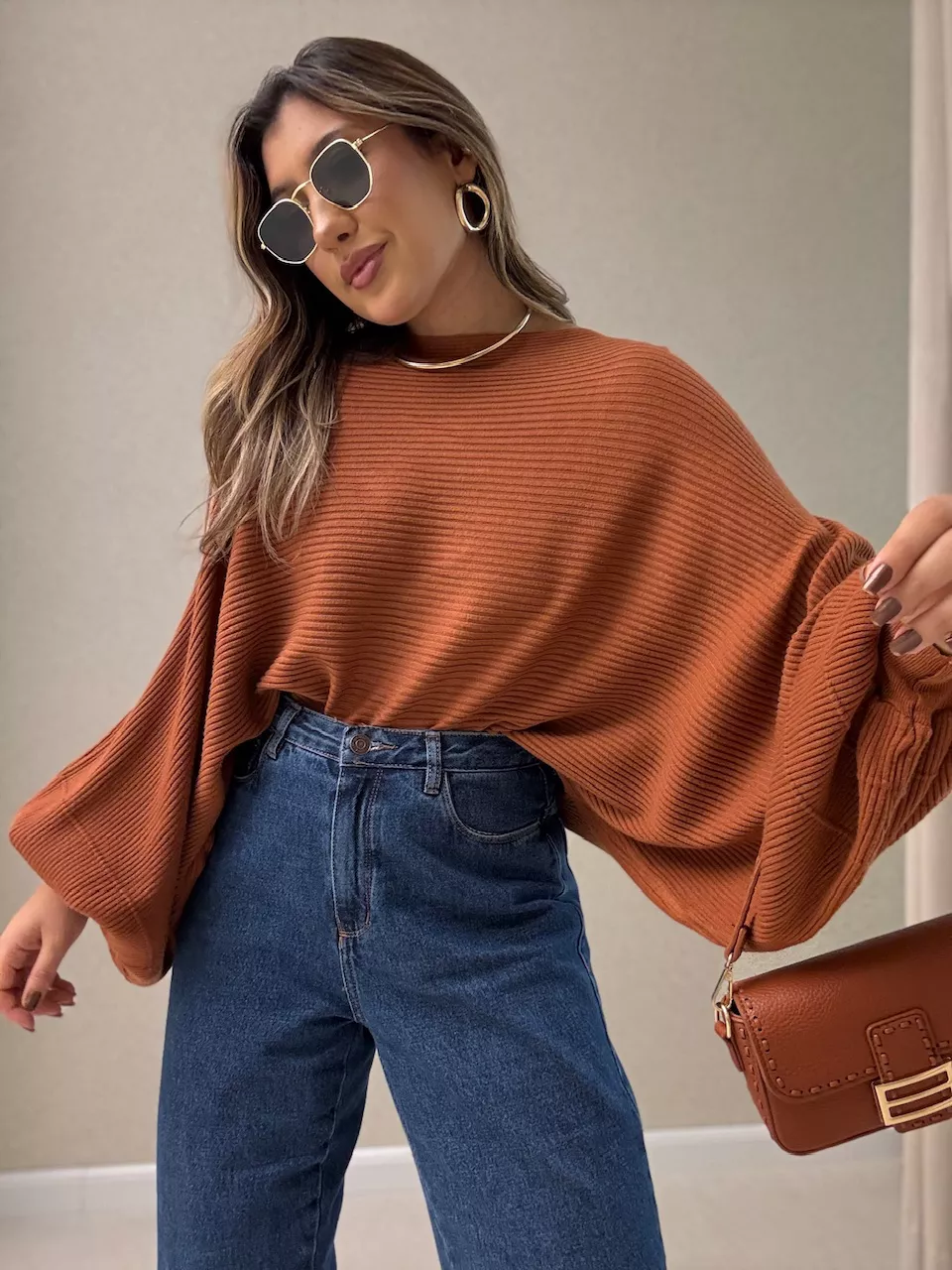 BLUSA AMÁLIA TRICOT TELHA - 0064160180 - CAROLLA FERRARO