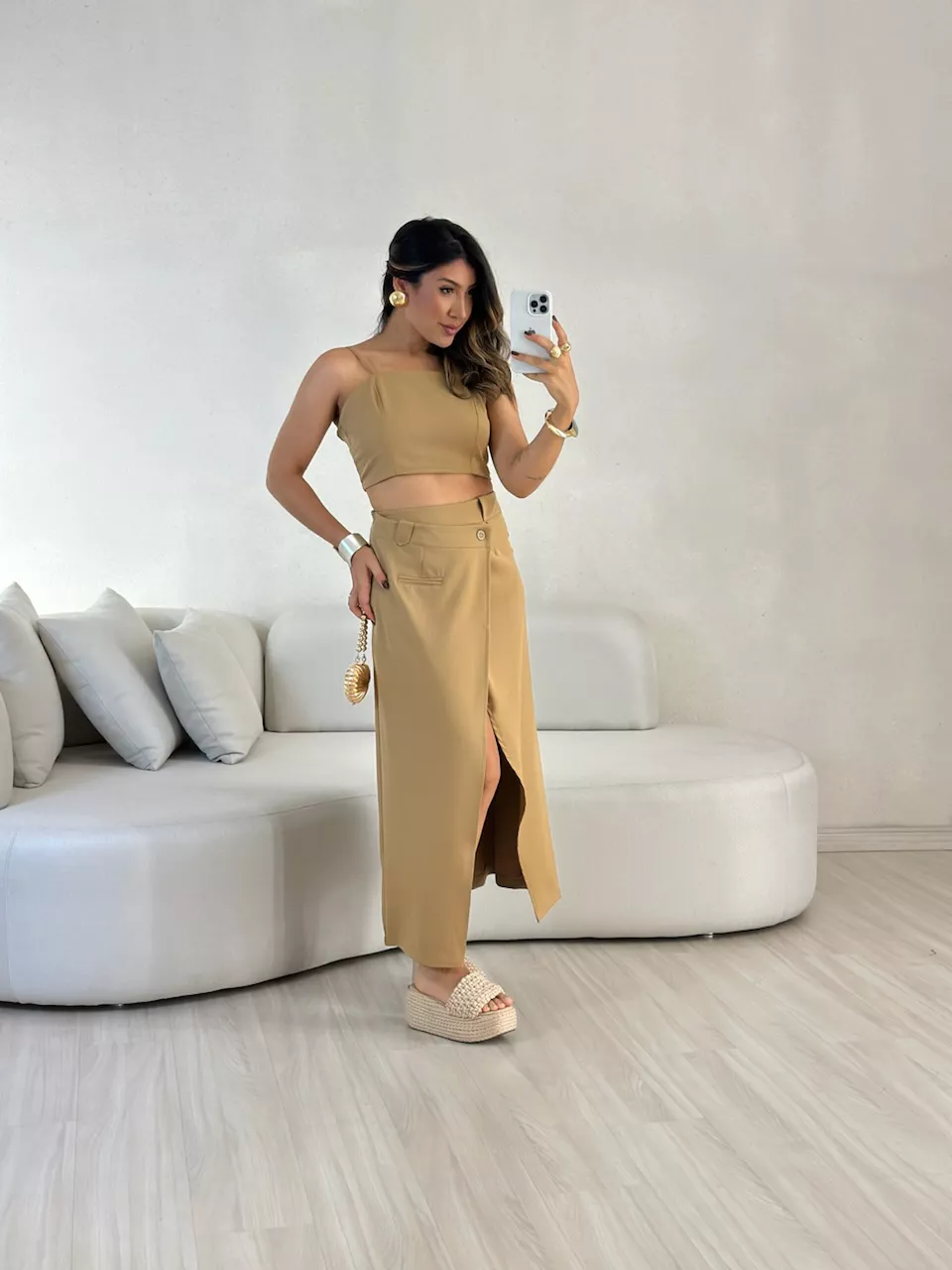 CONJUNTO FELISIA TOP SAIA MIDI Nude - 0057110049 - CAROLLA FERRARO