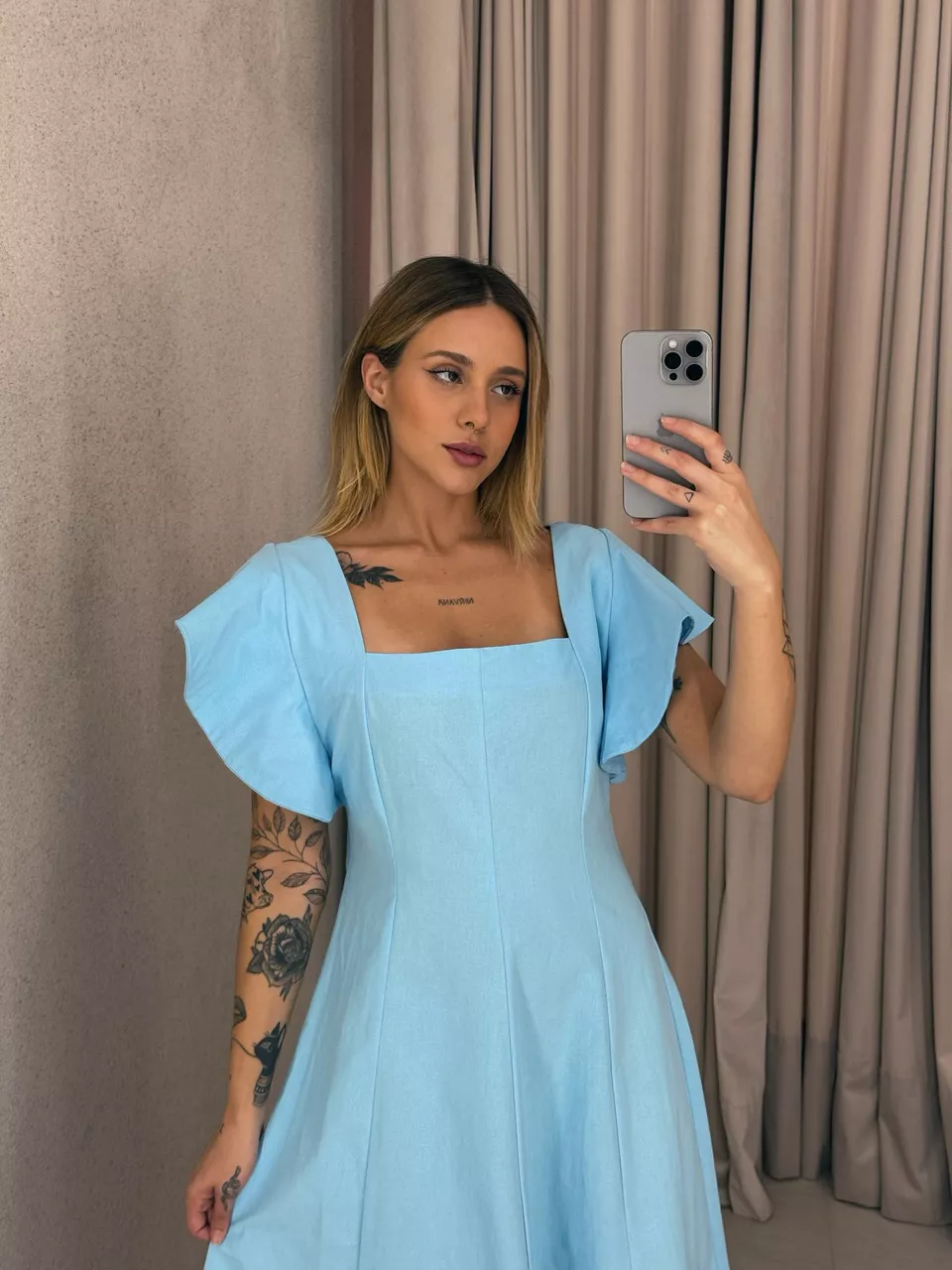 VESTIDO SAMY MANGA BABADO azul