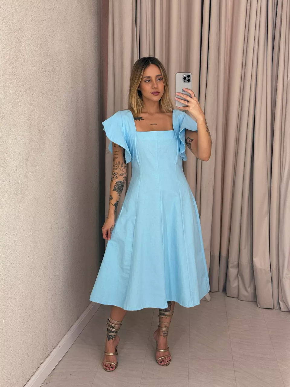 VESTIDO SAMY MANGA BABADO azul