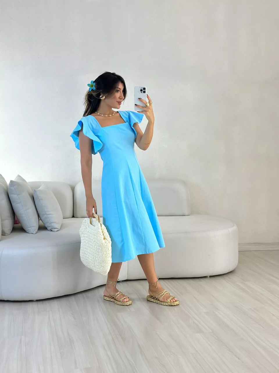 VESTIDO SAMY MANGA BABADO azul