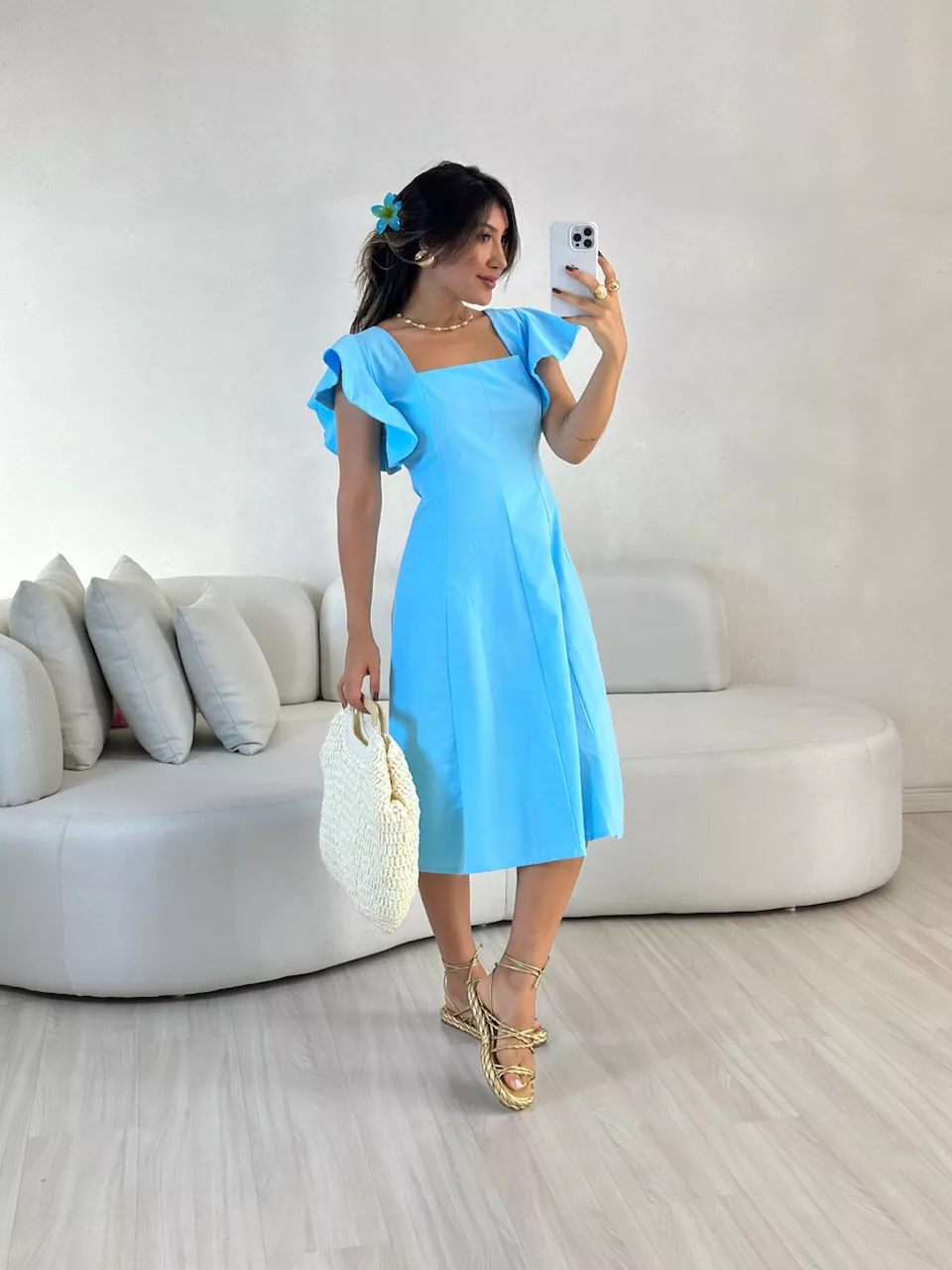 VESTIDO SAMY MANGA BABADO azul