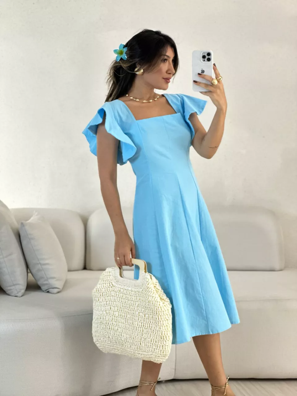 VESTIDO SAMY MANGA BABADO azul