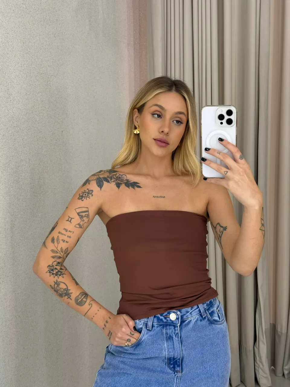 BLUSA ALINE TOMARA QUE CAIA Marrom - 0063250054 - CAROLLA FERRARO