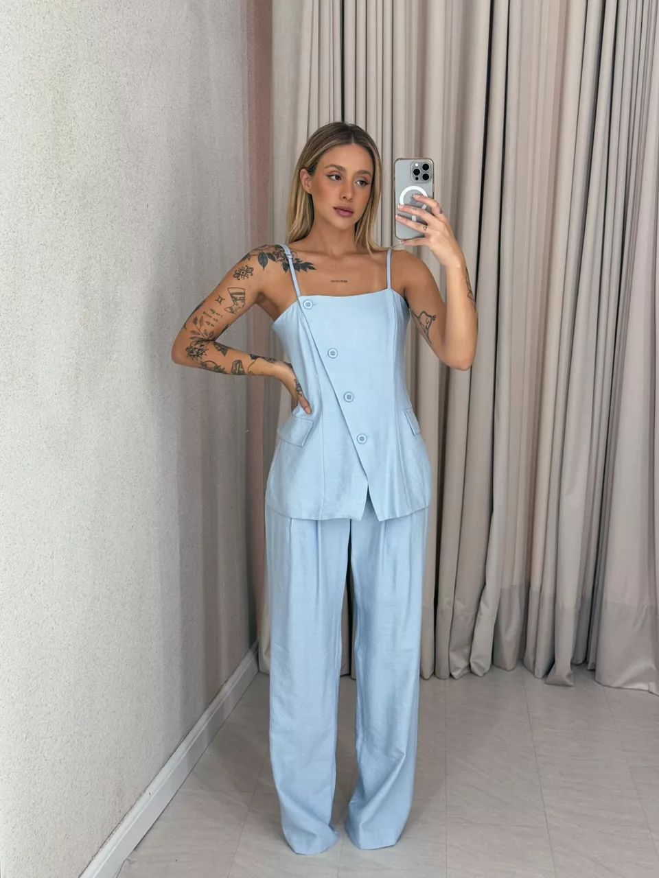 CONJUNTO CHARLENE BLUSA BOTÕES AZUL - 0059260109 - CAROLLA FERRARO