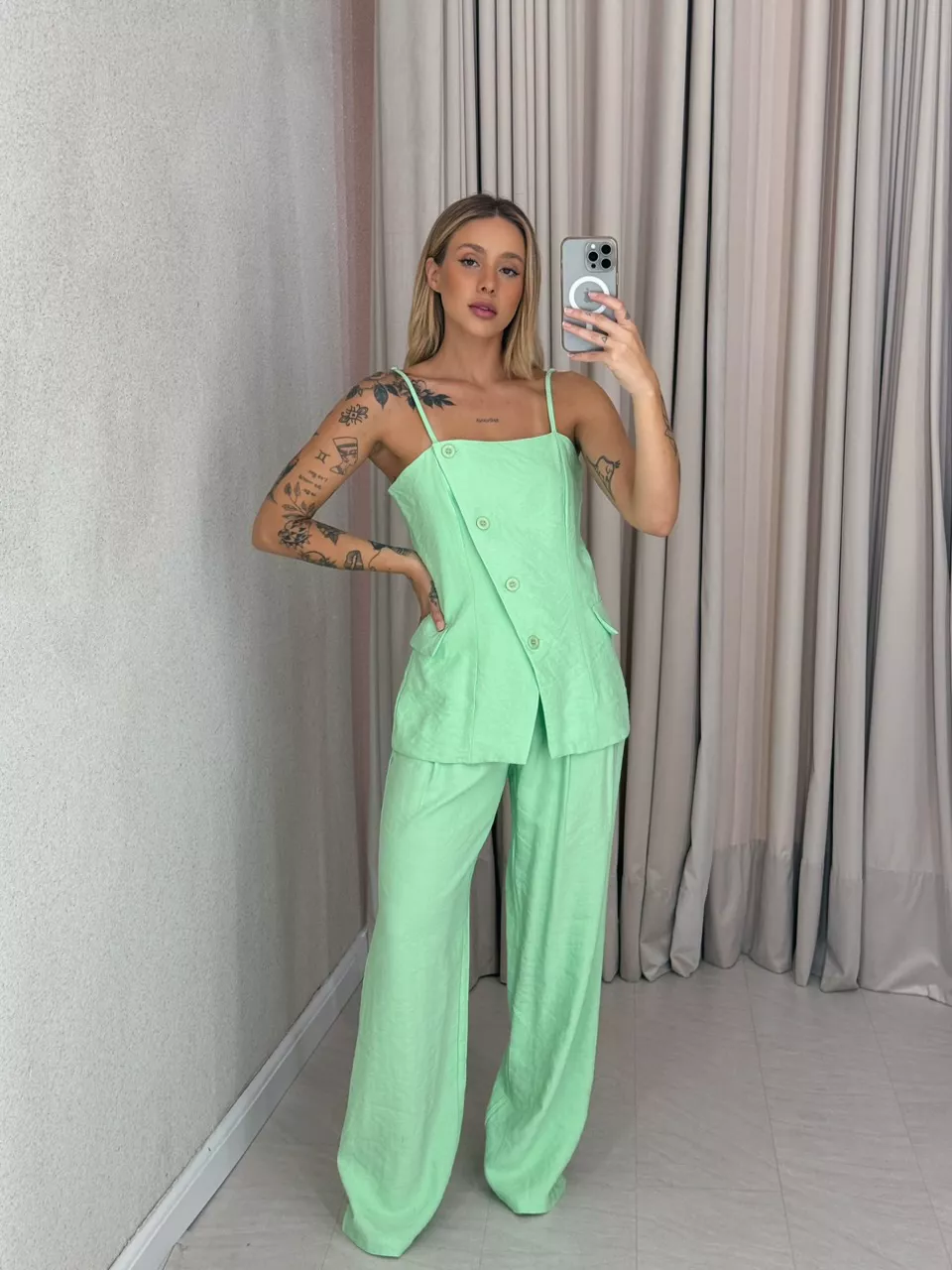 CONJUNTO CHARLENE BLUSA BOTÕES VERDE - 0059260014 - CAROLLA FERRARO