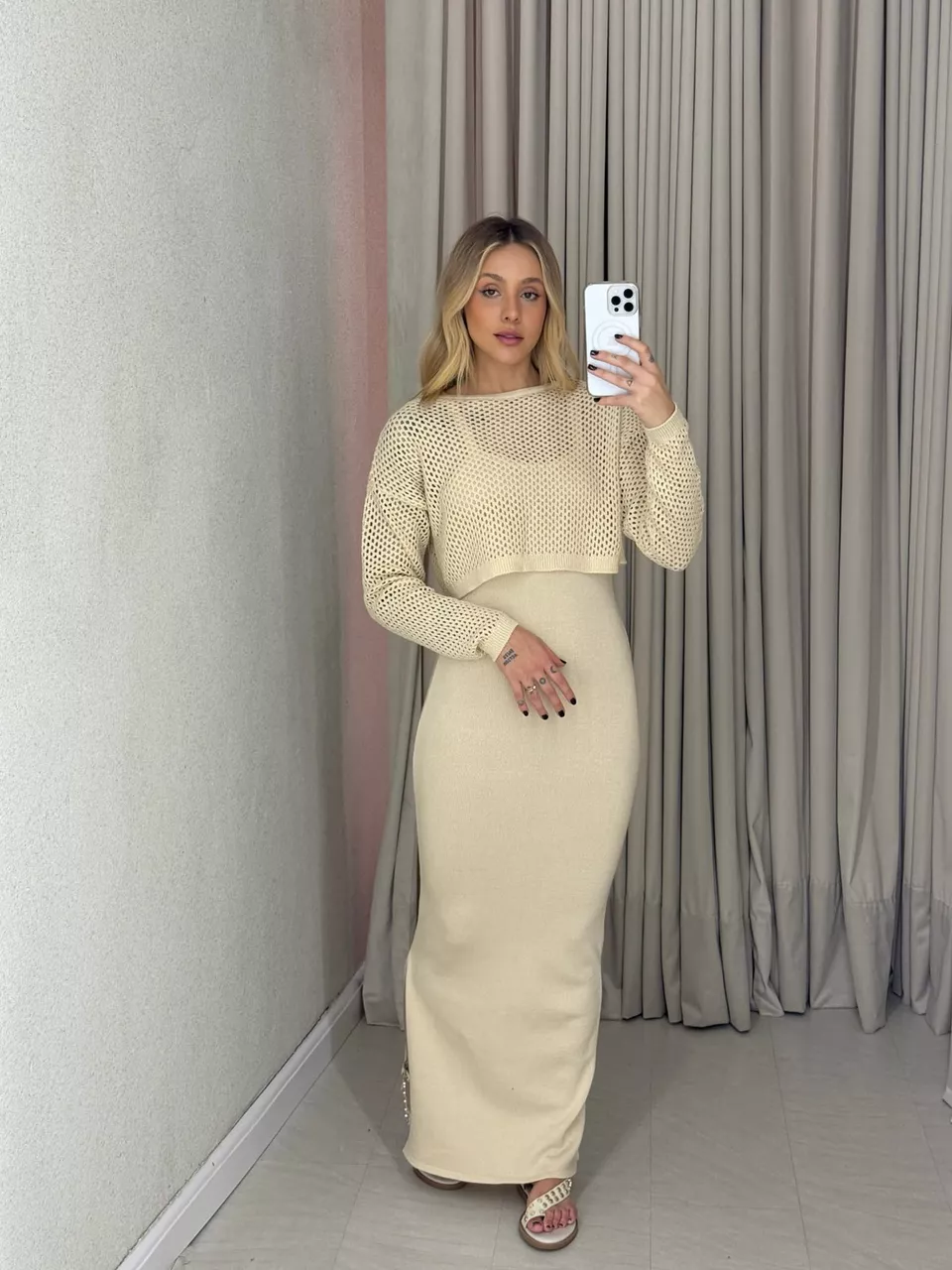 CONJUNTO SASHA Vestido Tricot Areia - 0063300110 - CAROLLA FERRARO