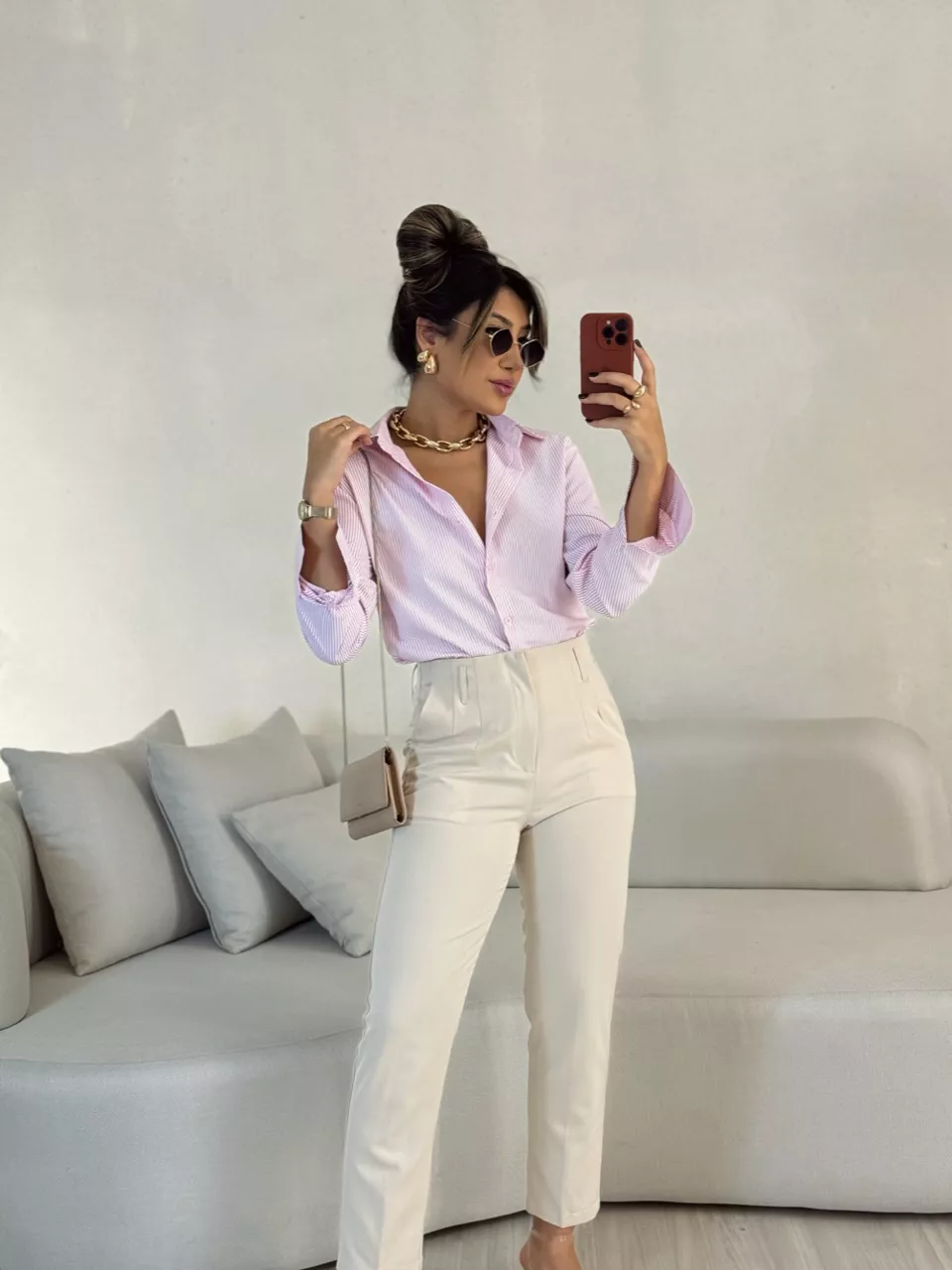 CAMISA ANA LUIZA LISTRADA ROSA - 0052920031 - CAROLLA FERRARO