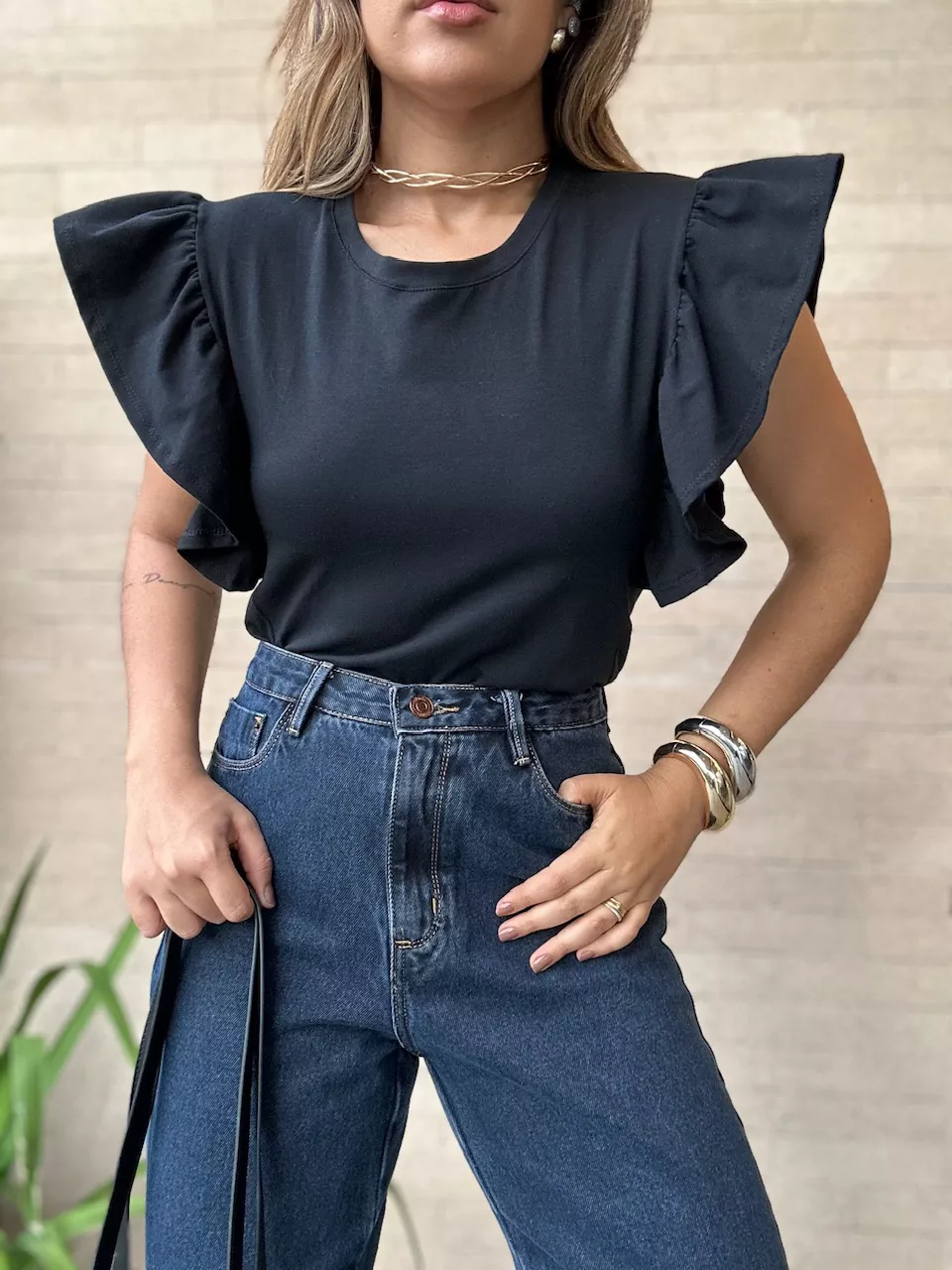 BLUSA ANA CLARA BABADOS PRETA - 0065570033 - CAROLLA FERRARO