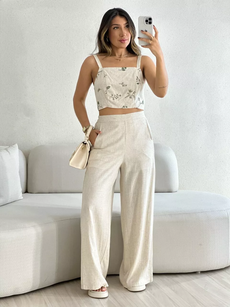 CONJUNTO FLOWERS CALÇA CRU