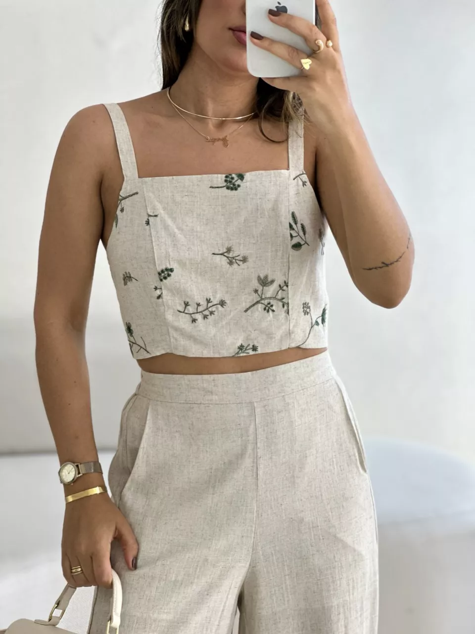 CONJUNTO FLOWERS CALÇA CRU
