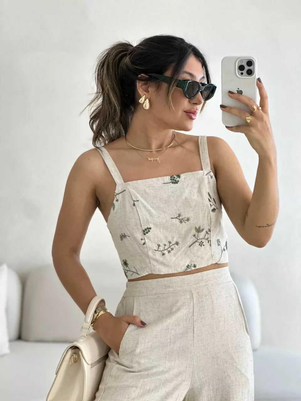 CONJUNTO FLOWERS CALÇA CRU