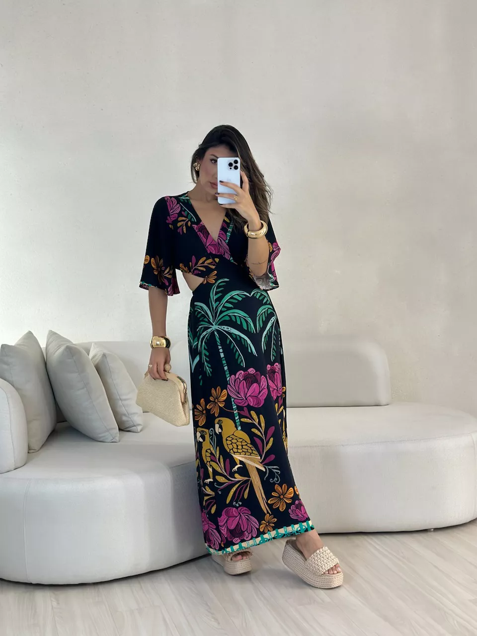 VESTIDO IPANEMA 04 MANGA PRETO ESTAMPADO - 0057220... - CAROLLA FERRARO