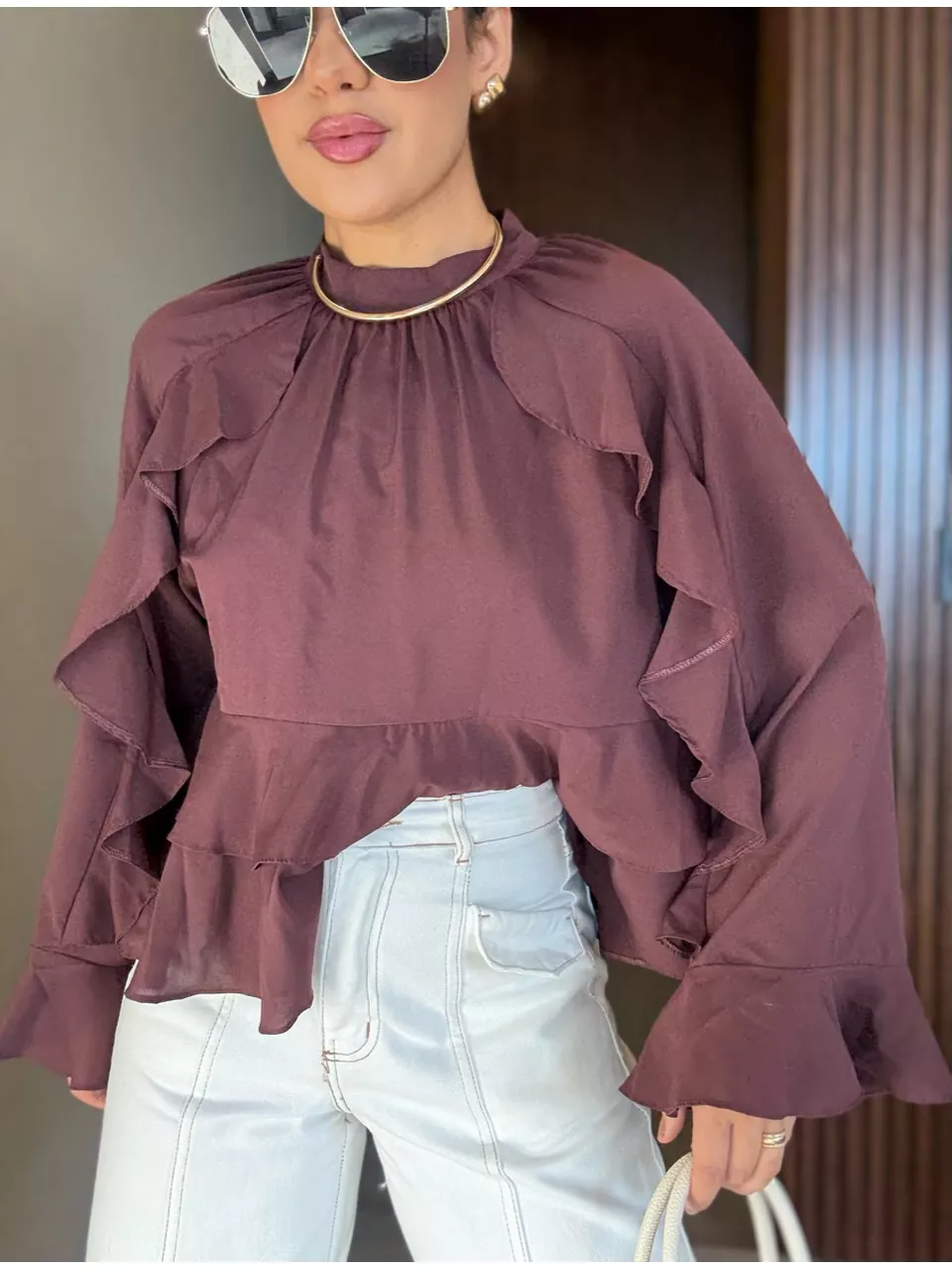 BLUSA MILENA BABADOS MARROM - 0065790054 - CAROLLA FERRARO