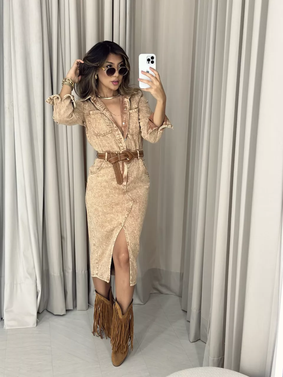 VESTIDO MIDI JEANS NUDE - 0052090049 - CAROLLA FERRARO
