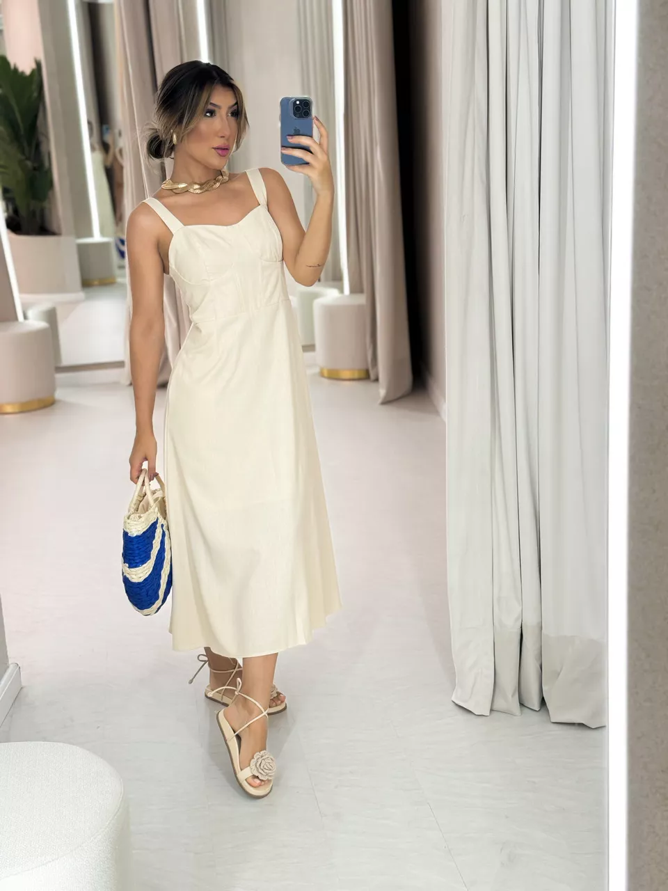 VESTIDO LINHO MIDI MEIA TAÇA MARFIM - 0047220056 - CAROLLA FERRARO