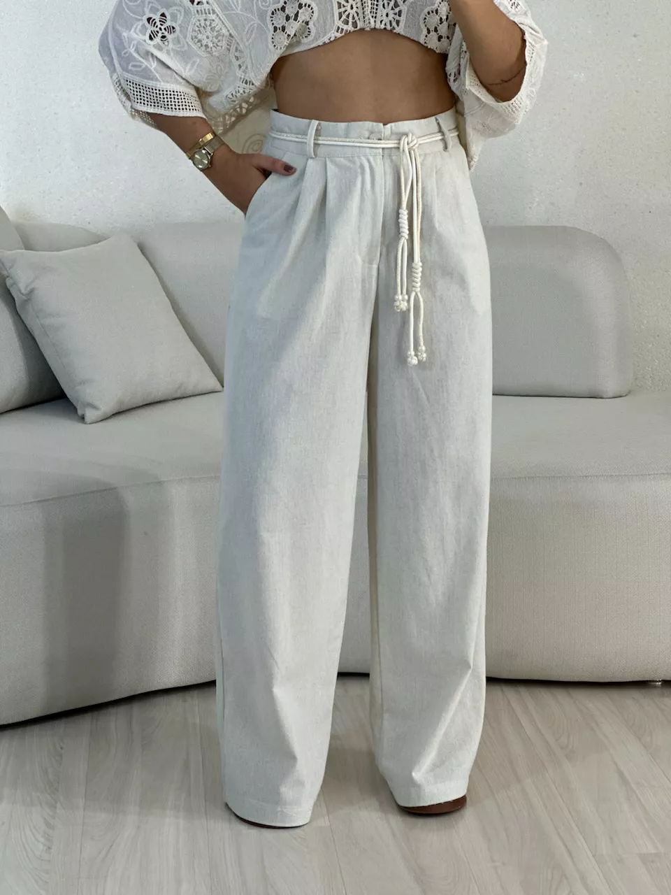 CALÇA ELOÁ LINHO CRU - 0055390132 - CAROLLA FERRARO