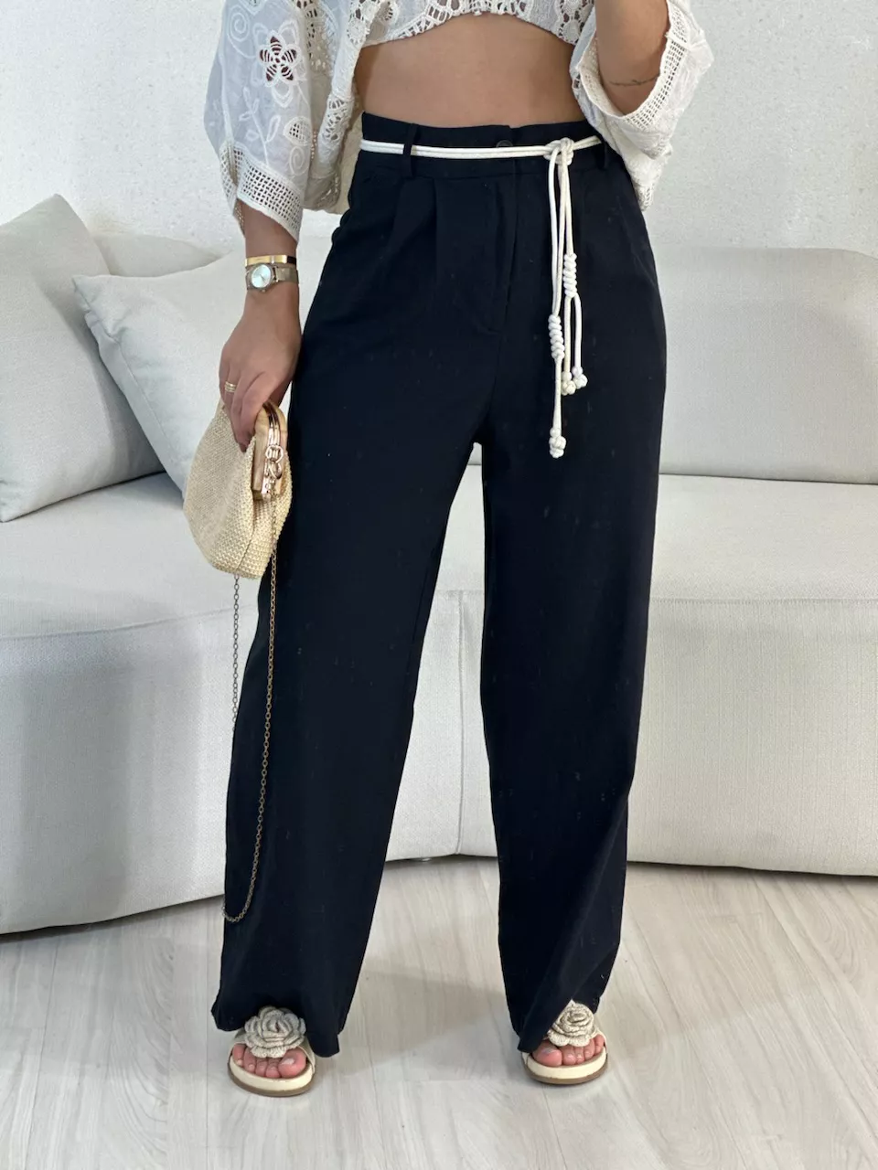 CALÇA ELOÁ LINHO PRETA - 0055390033 - CAROLLA FERRARO