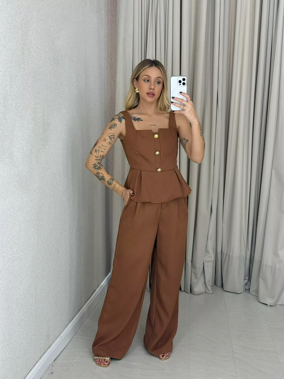 CONJUNTO CHLOE BLUSA CALÇA MARROM - 0063530054 - CAROLLA FERRARO