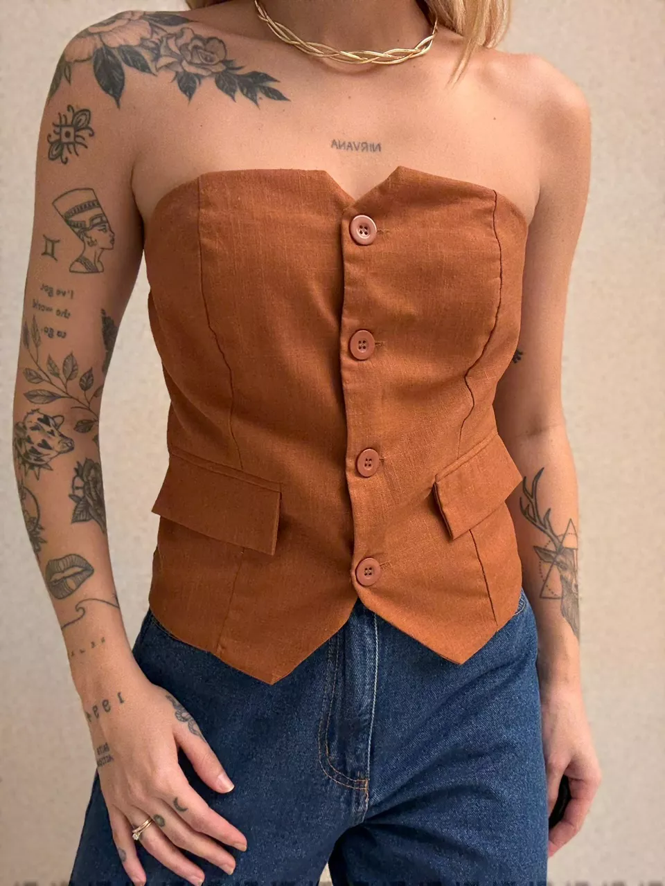 BLUSA DINAH TOMARA QUE CAIA CARAMELO - 0064340095 - CAROLLA FERRARO