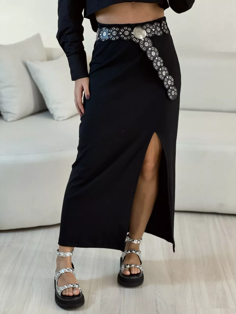 SAIA CANELADA MIDI PRETA - 0054170033 - CAROLLA FERRARO