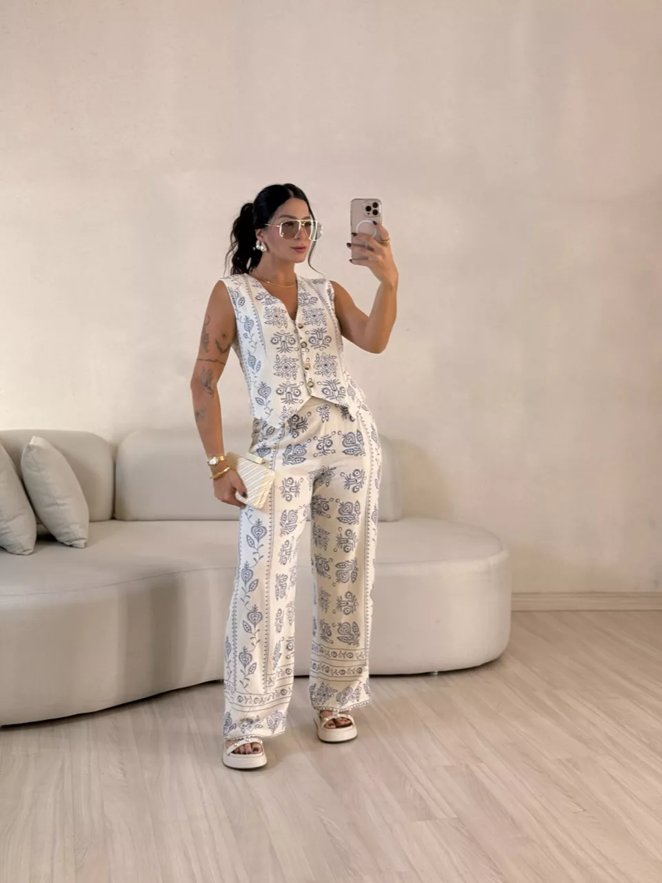 CONJUNTO GABI COLETE CALÇA CRU/AZUL - 0057480399 - CAROLLA FERRARO