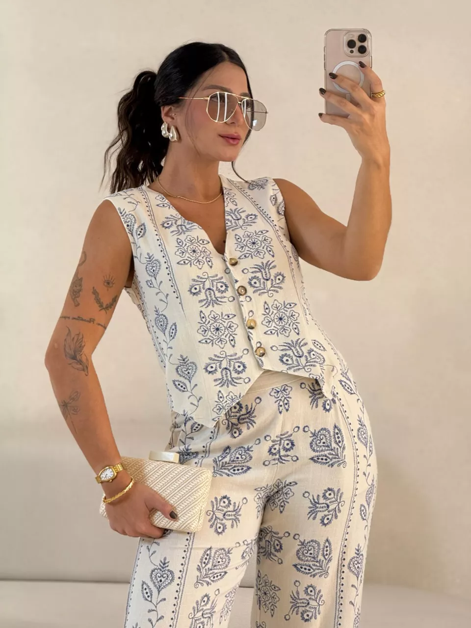 CONJUNTO GABI COLETE CALÇA CRU/AZUL