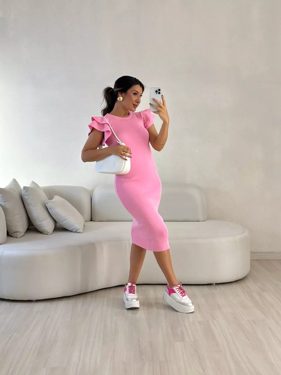 VESTIDO JANE MANGA BABADOS BABY PINK - 0057530366 - CAROLLA FERRARO