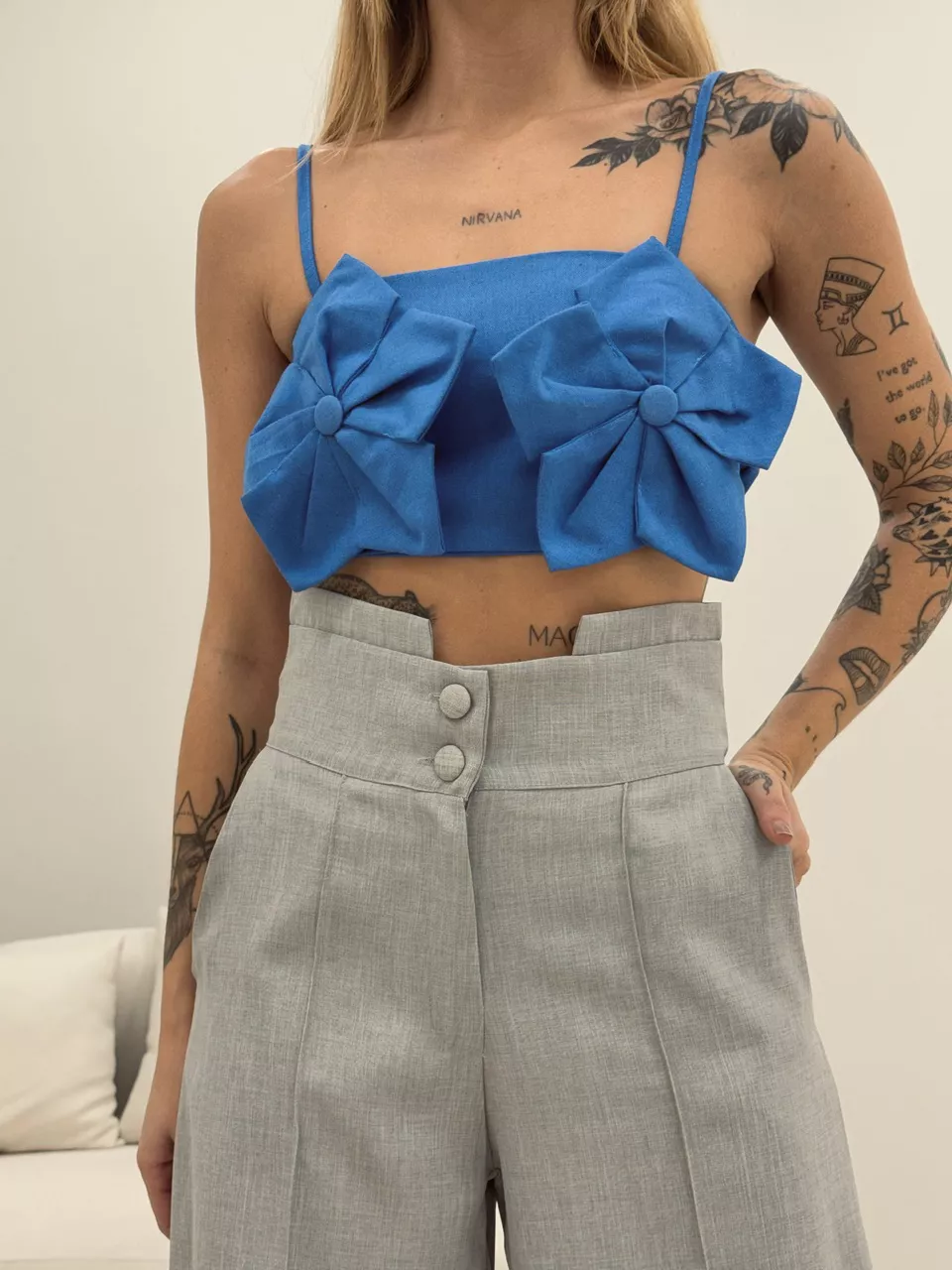 TOP FLOR LINHO AZUL