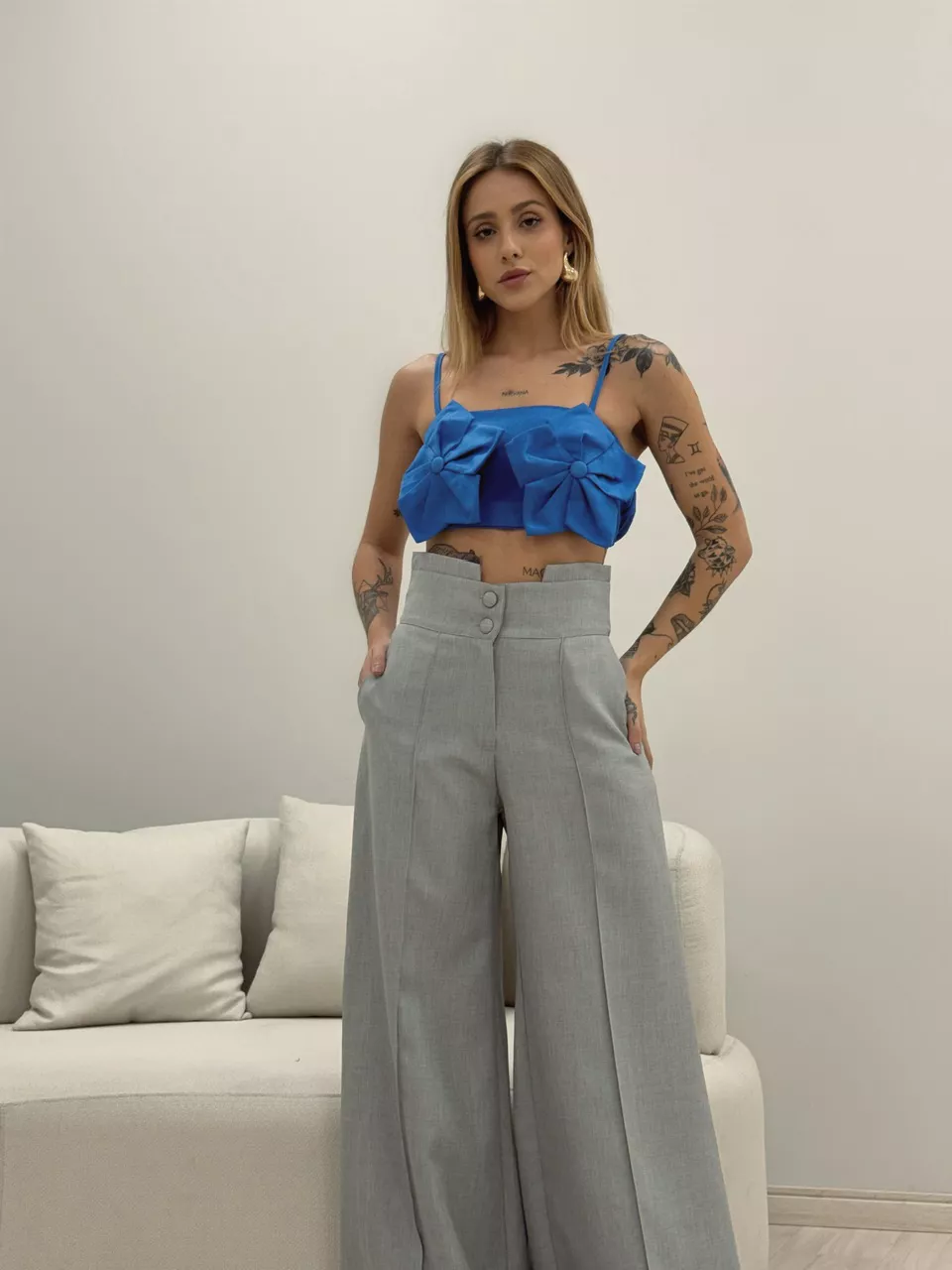 TOP FLOR LINHO AZUL