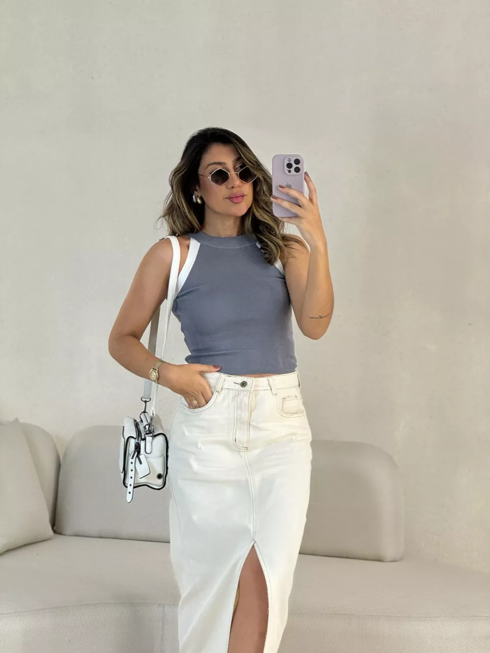 BLUSA ALANA CAVADA CINZA - 0054290091 - CAROLLA FERRARO
