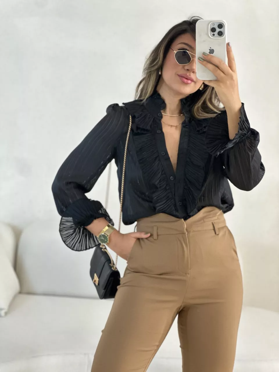 CAMISA JADE BOTÕES BABADOS Preta - 0056390033 - CAROLLA FERRARO