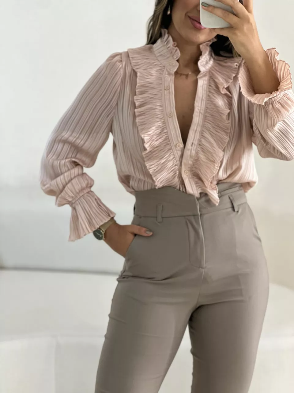 CAMISA JADE BOTÕES BABADOS Rosê - 0056390025 - CAROLLA FERRARO
