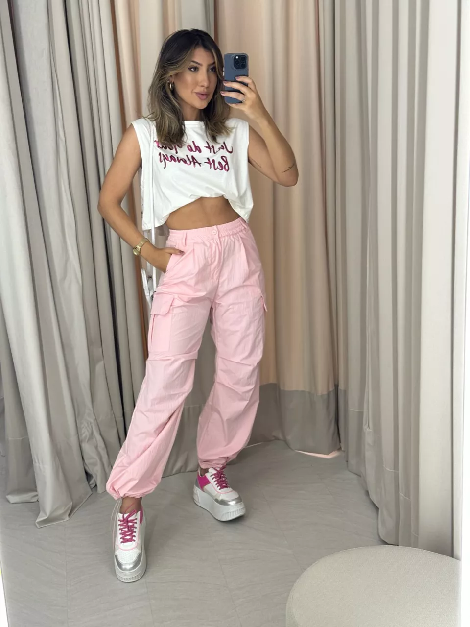 CALÇA BRENDA PARACHUTE ROSA CLARO