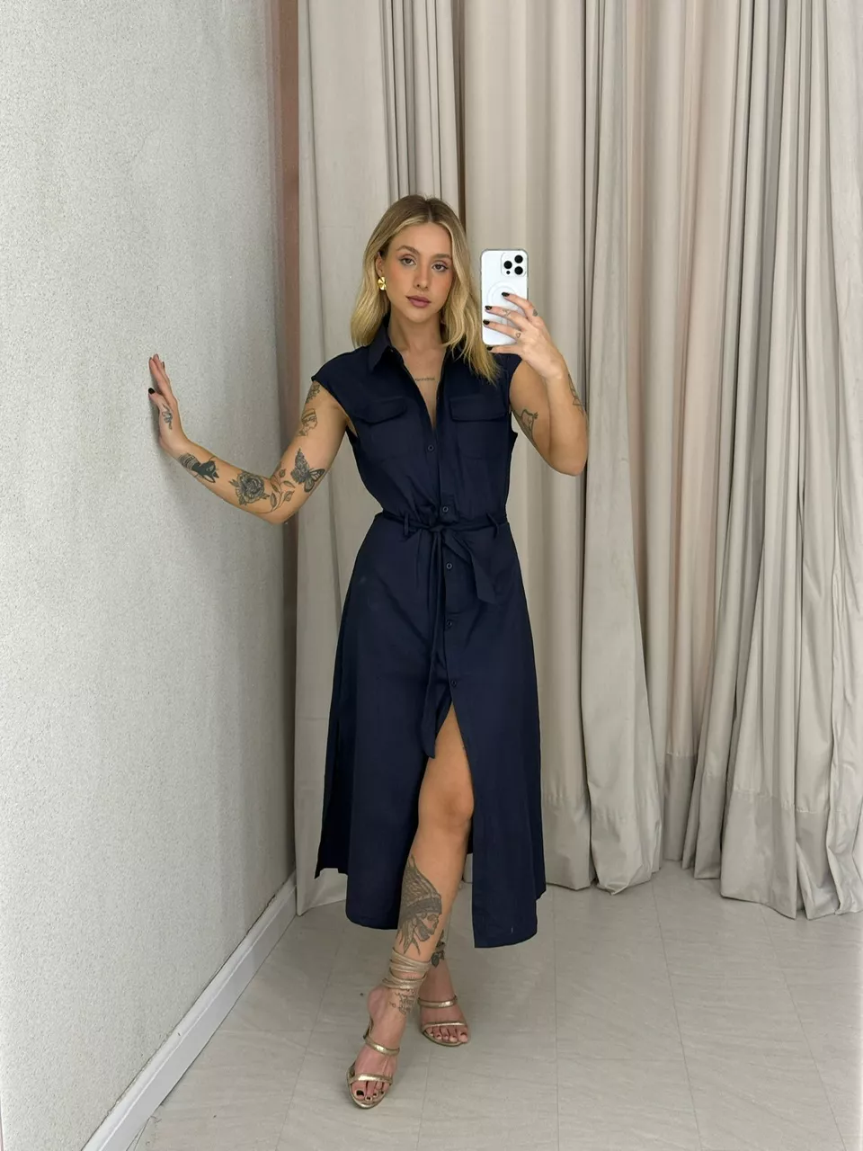 VESTIDO THAMIRES BOTÕES MARINHO - 0062340055 - CAROLLA FERRARO