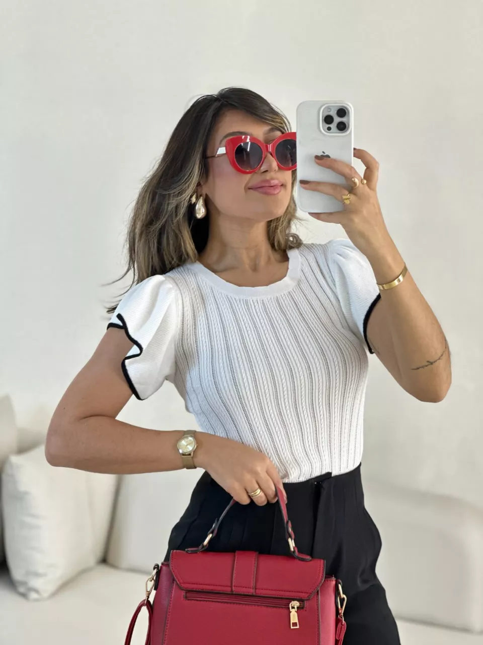 BLUSA LARA TRICOT MANGA BABADO OFF - 0055490048 - CAROLLA FERRARO