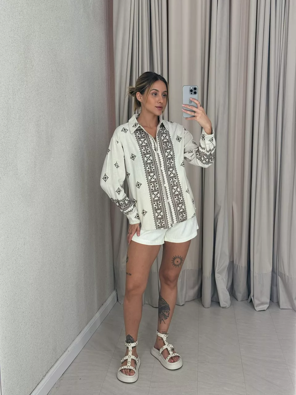 CAMISA ÉTNICA LINHO Marrom - 0056490054 - CAROLLA FERRARO