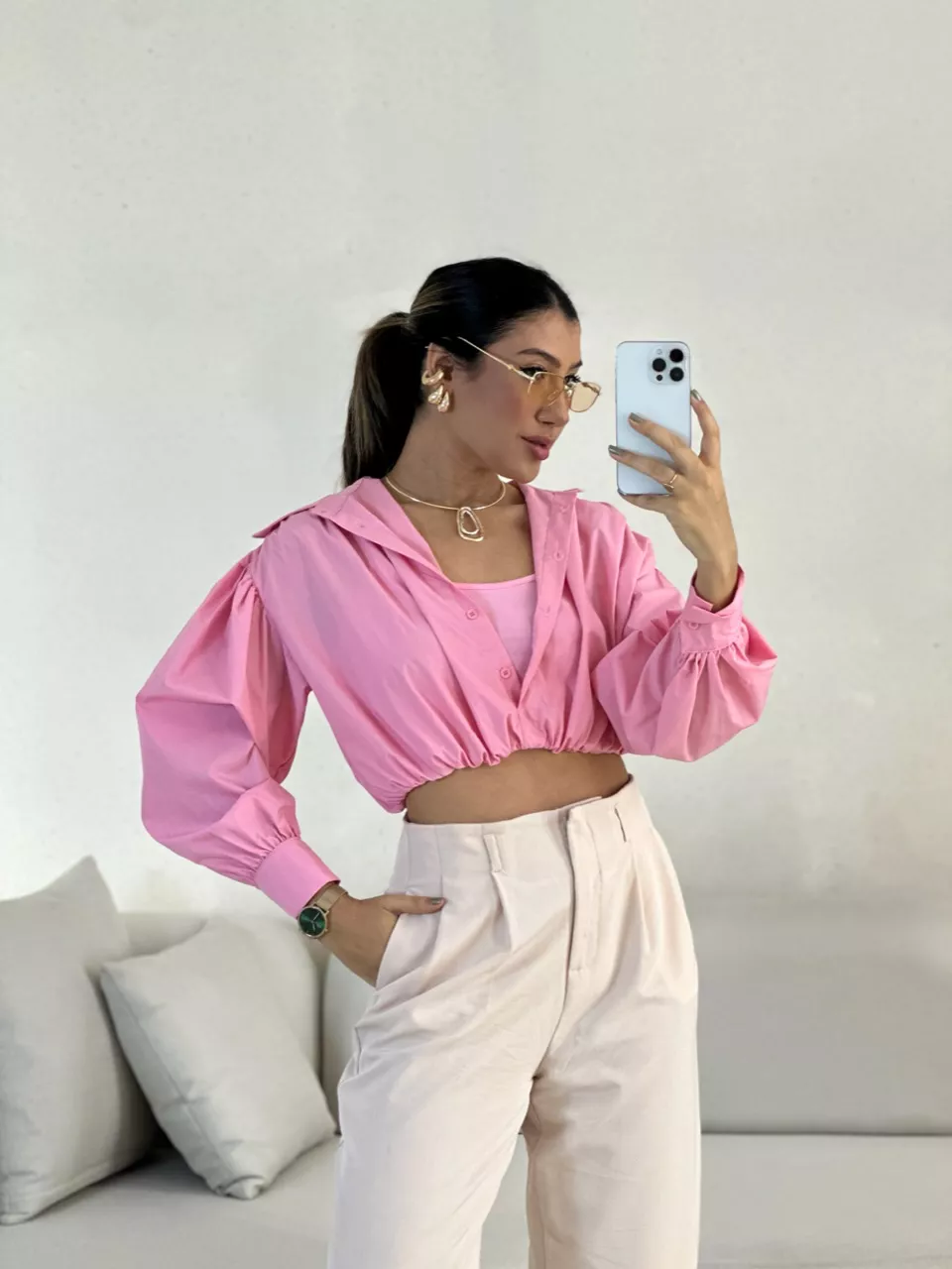 CAMISA CROPPED AYLA Rosa - 0056540031 - CAROLLA FERRARO
