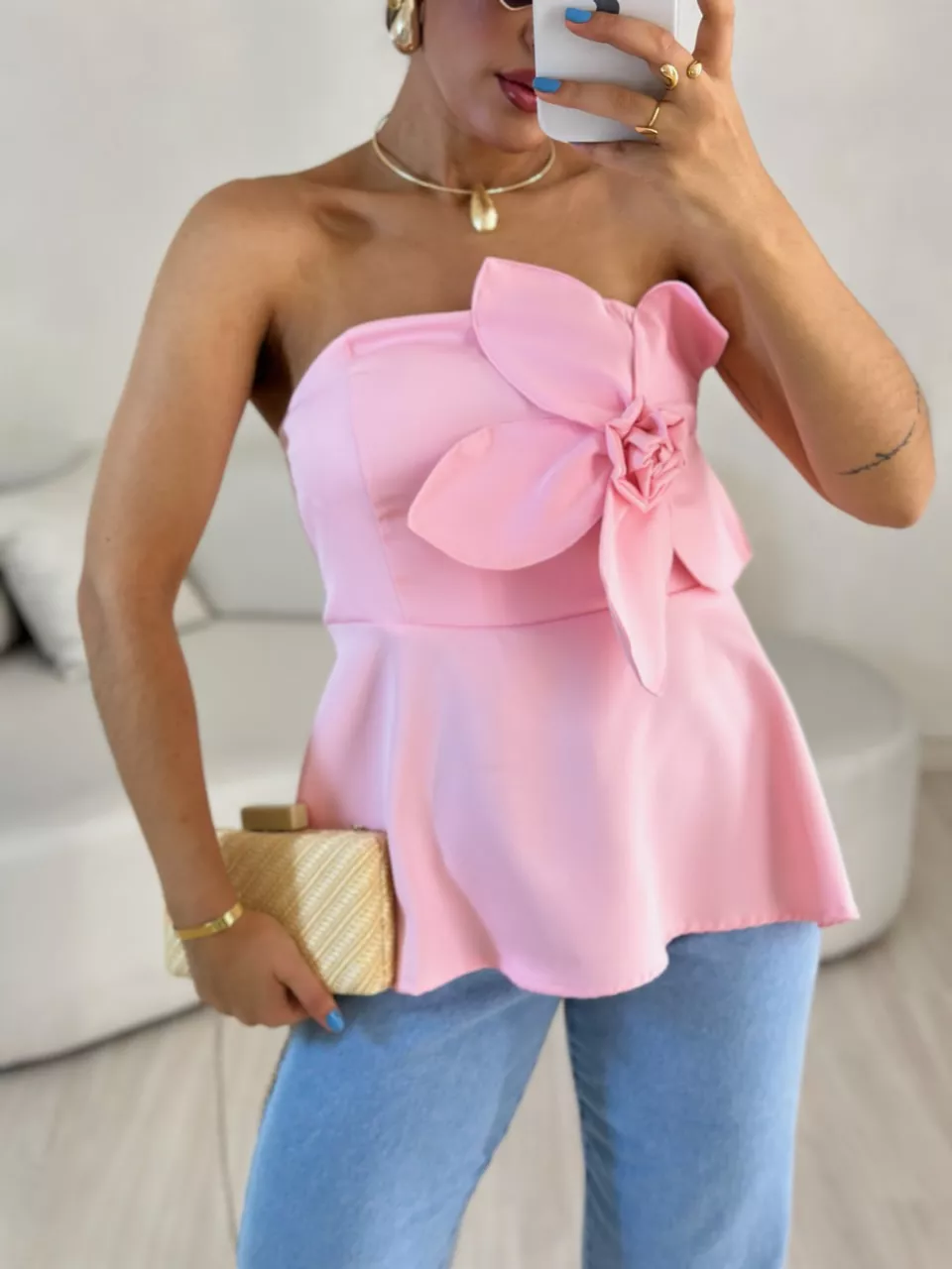 BLUSA FERNANDA FLOR TOMARA QUE CAIA BABY PINK