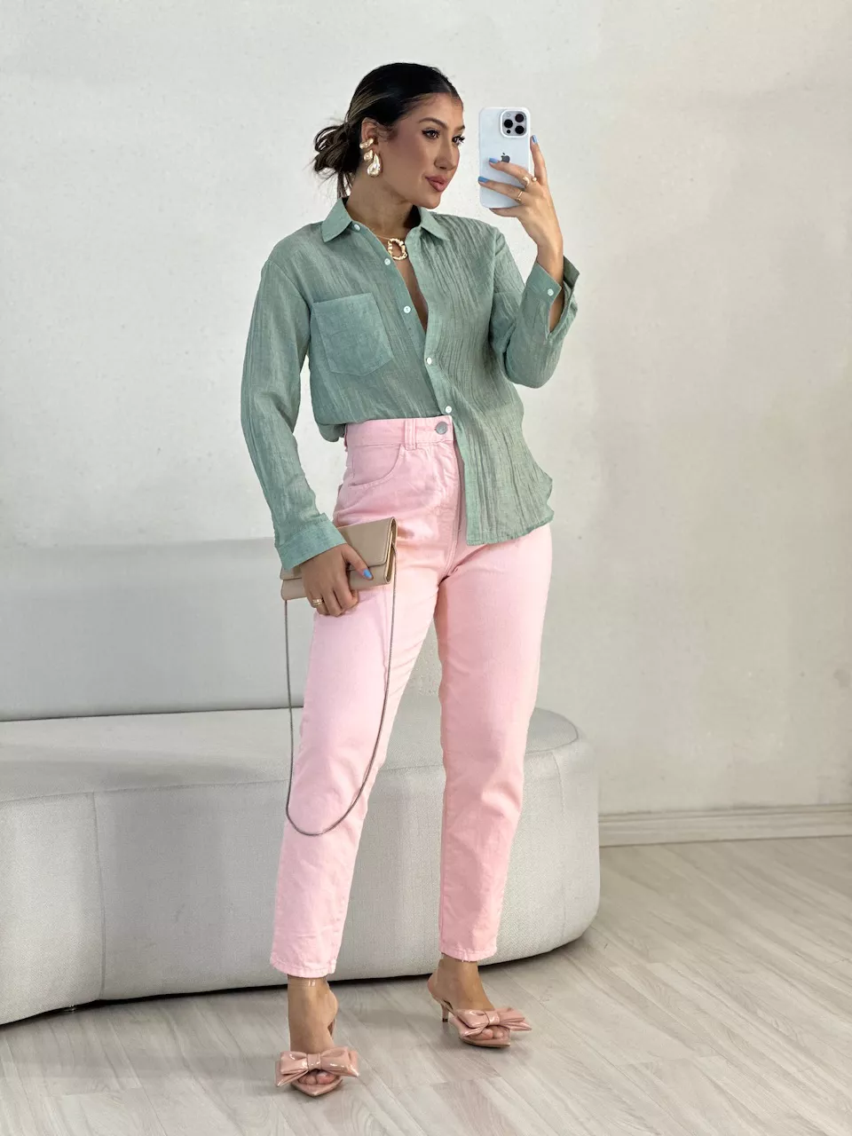 CAMISA DENISE LISA VERDE CHÁ - 0055650373 - CAROLLA FERRARO