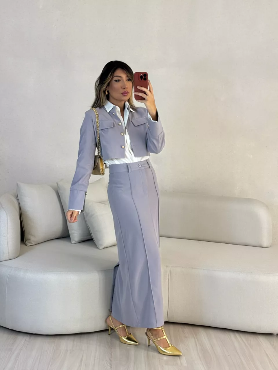 CONJUNTO TALITA JAQUETA SAIA LONGA CINZA - 0052410... - CAROLLA FERRARO