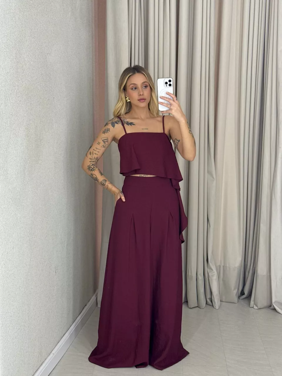 CONJUNTO RAQUEL CROPPED CALÇA VINHO - 0063590168 - CAROLLA FERRARO