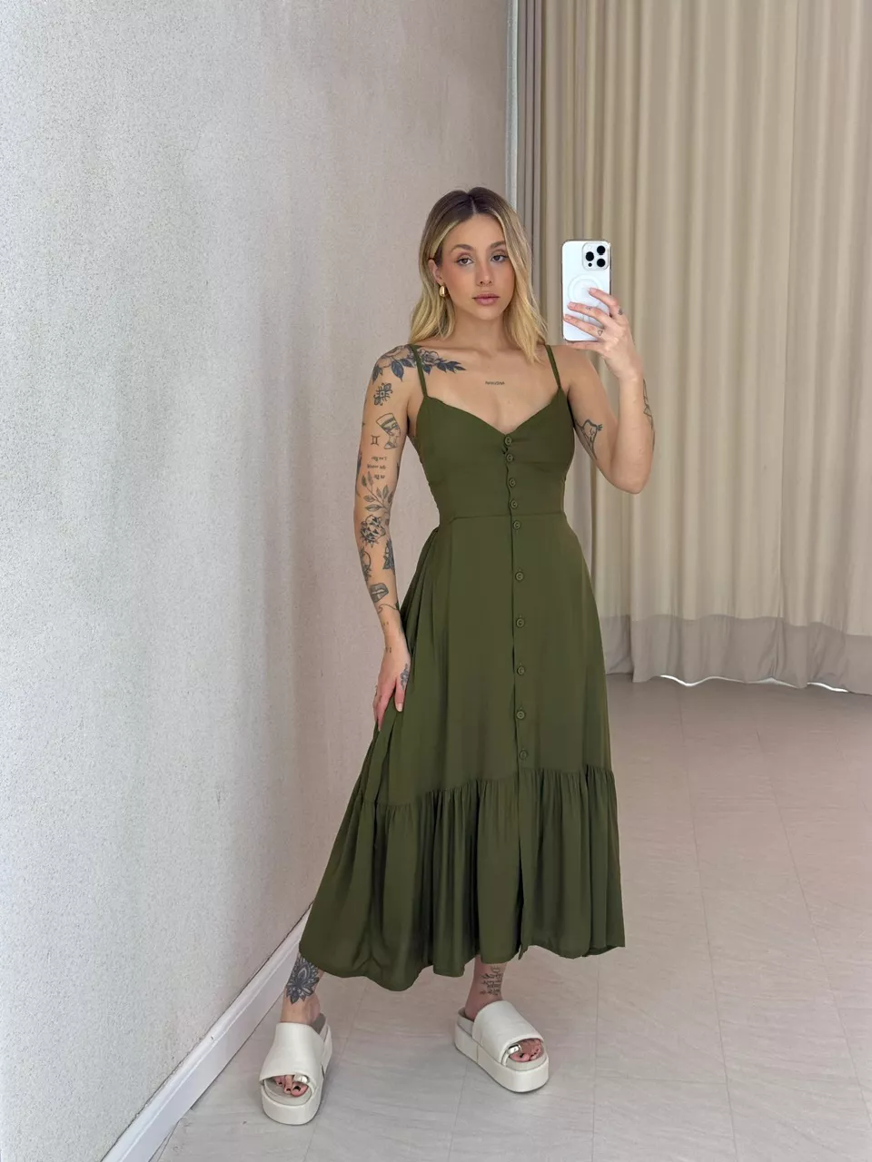 VESTIDO AMANDA ALÇA BOTÕES VERDE - 0063310014 - CAROLLA FERRARO