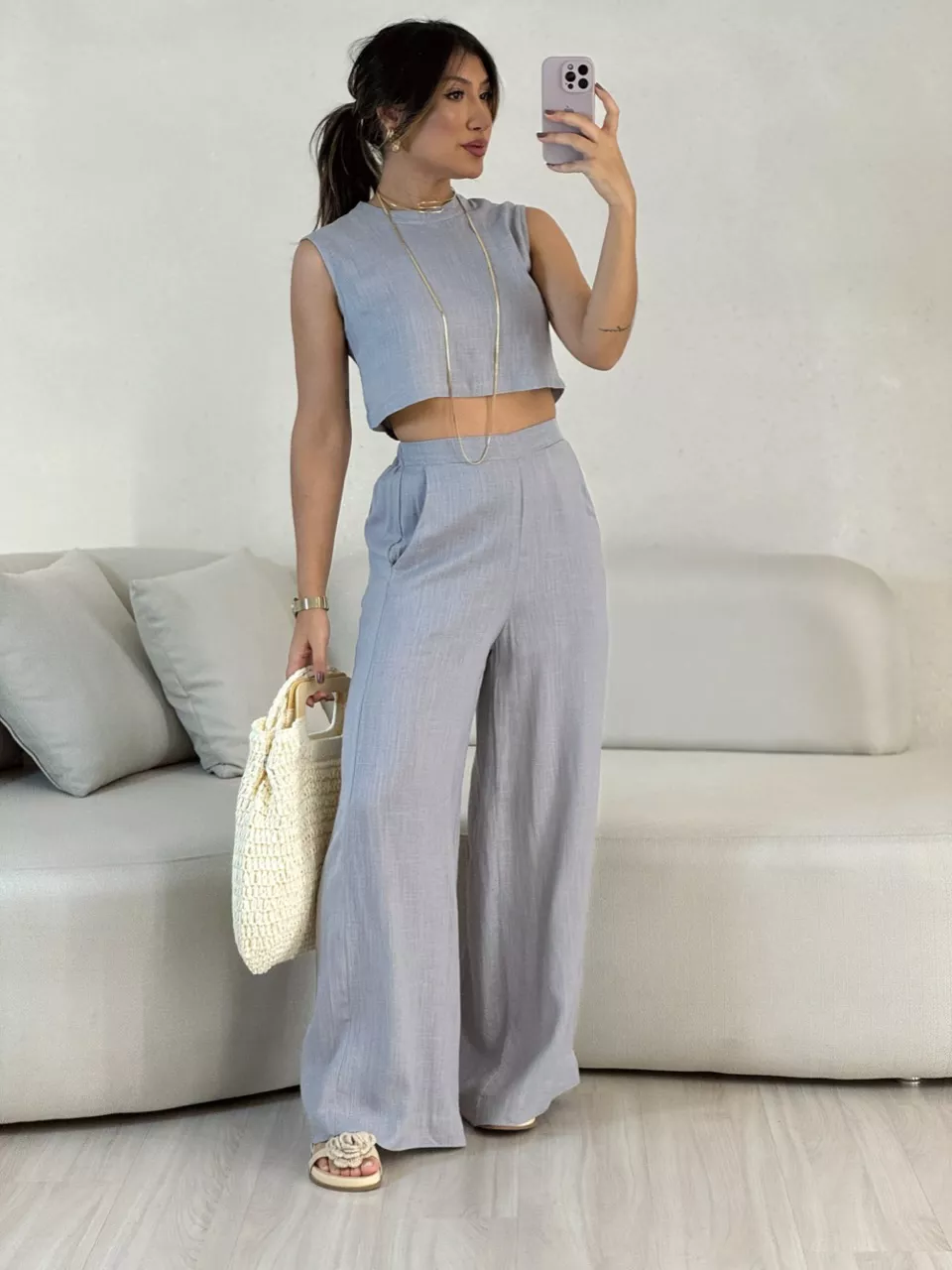 CONJUNTO LINHO CALÇA PANTALONA CINZA - 0054550091 - CAROLLA FERRARO