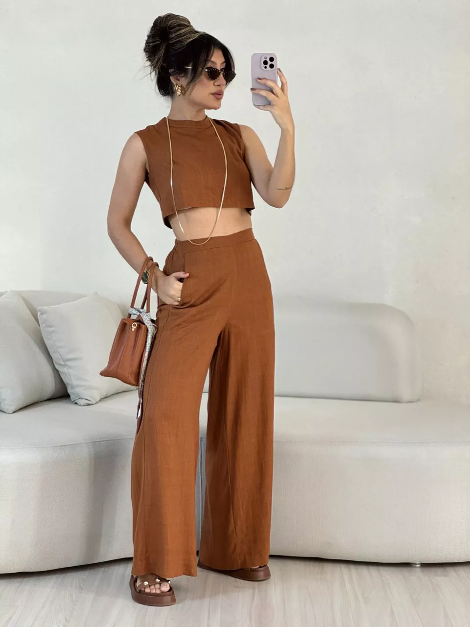 CONJUNTO LINHO CALÇA PANTALONA CARAMELO - 00545500... - CAROLLA FERRARO